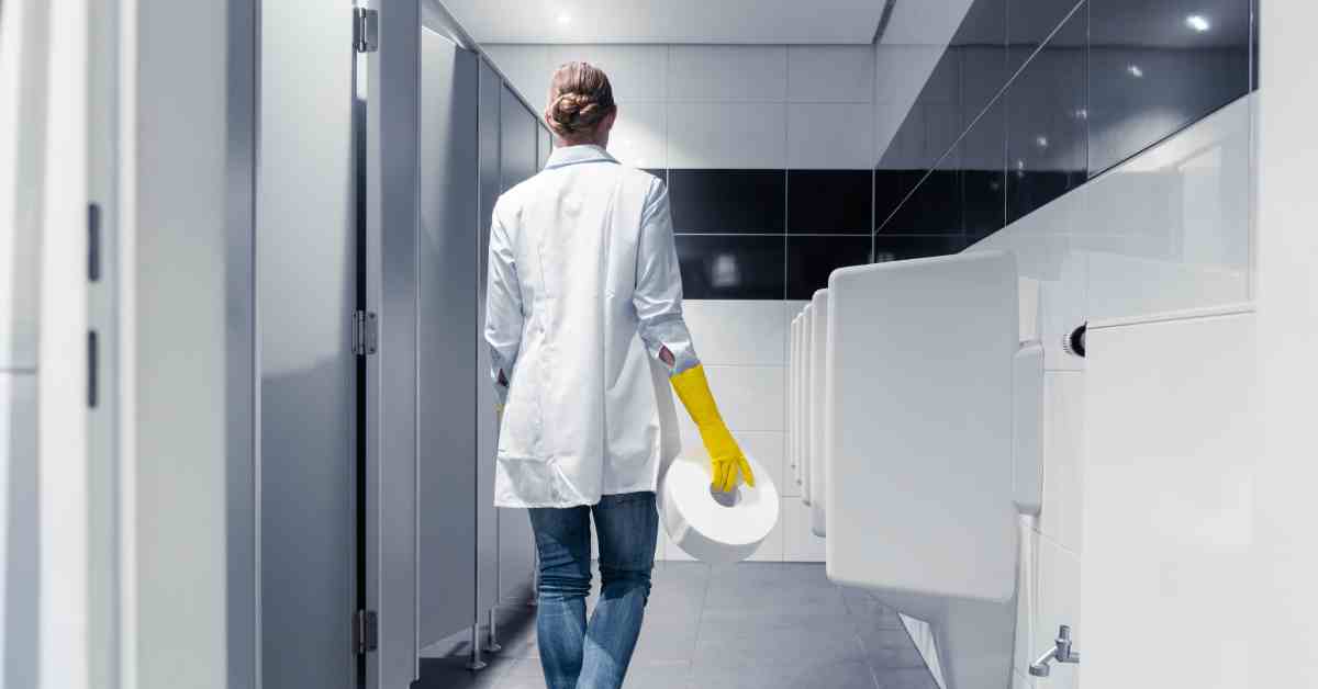 A woman janitor wearing yellow gloves walking in a commercial restroom. She’s holding a roll of toilet paper.