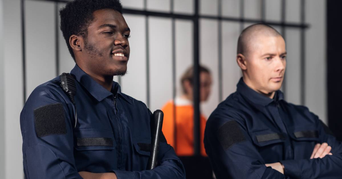 Correctional facility officers guarding a jail cell. One is smiling and holding a baton while the other has a stern look.